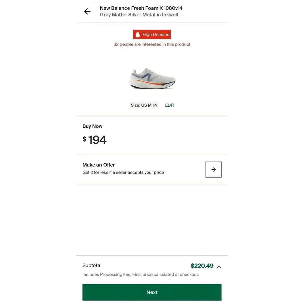 Size 14 - New Balance Fresh Foam X 1080v14 Grey Matter Silver Metallic Inkwell